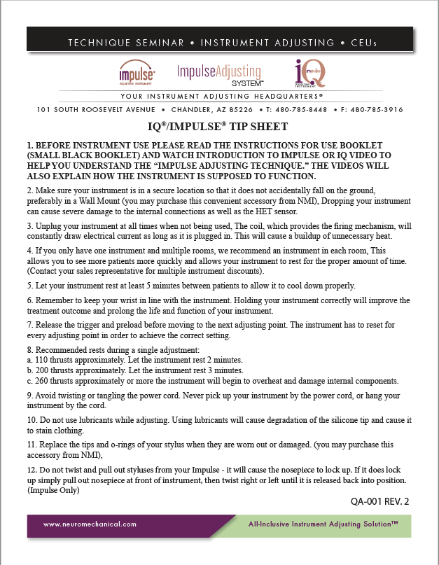 Impulse & Impulse IQ Tips Sheet PDF Neuromechanical Innovations